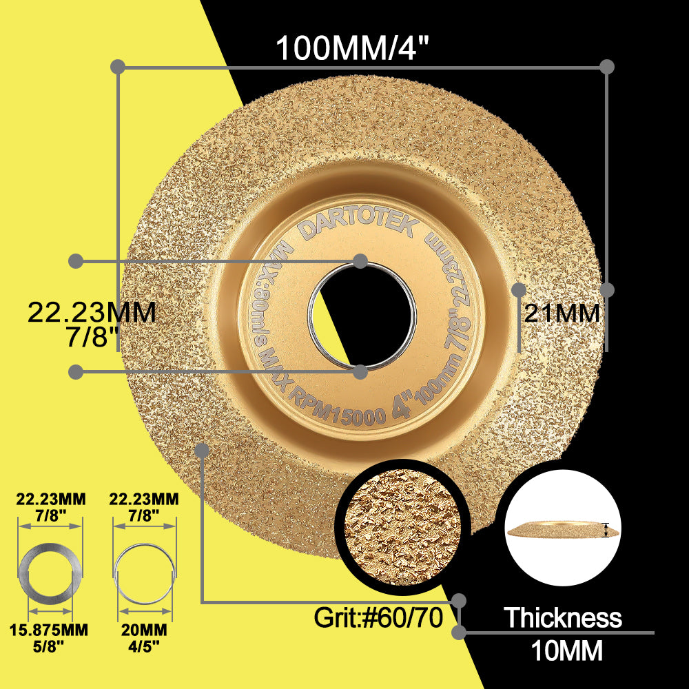 DARTOTEK 2pcs 4inch 100mm Tungsten Carbide particles Carving Disc Grinder Wheel Disc for Wood Shaping Tree Triming