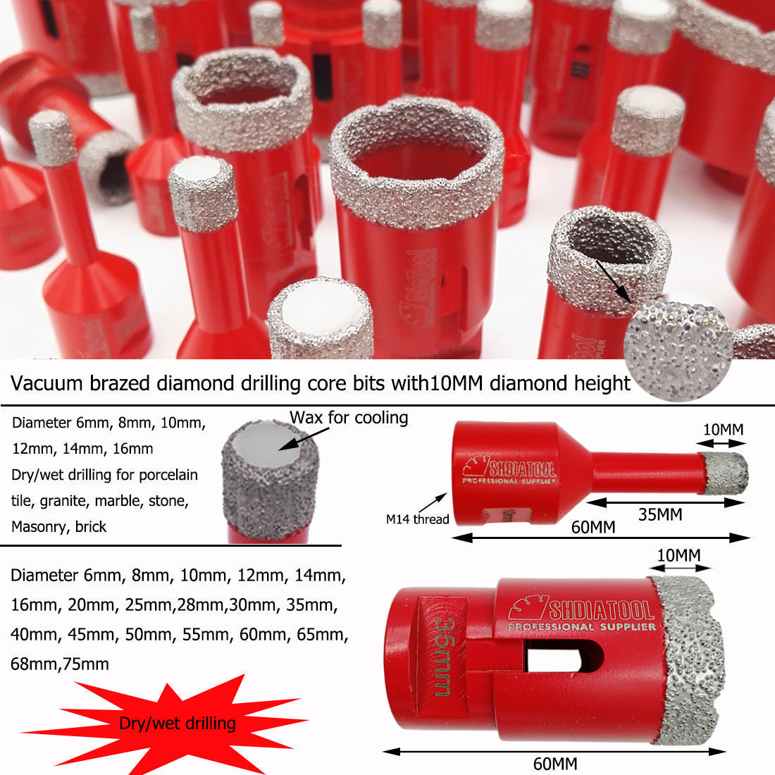 Diamond Drill Core Bits Kit and an Adapter for Tile Porcelain Granite Spain Warehouse - SHDIATOOL