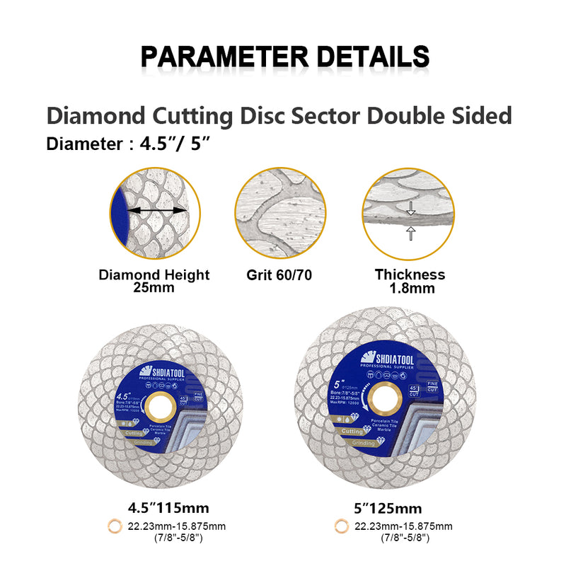 SHDIATOOL Diamond Cutting Grinding Disc Segmented Double-sided 5pcs Dia 4.5"/5" Porcelain Tile Marble Saw Blades