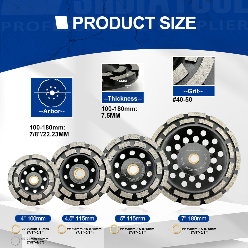 SHDIATOOL Double Row Diamond Grinding Cup Wheel for Concrete Granite Marble Masonry Brick Fits 7/8 Inch Arbor Diameter 4" 4.5" 5" 7"