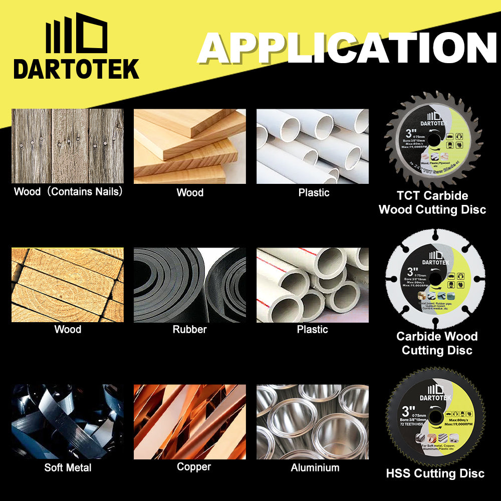 DARTOTEK 7pcs 3''75MM TCT Discs HSS Discs Carbided Cutting Dics for Wood Diamond Saw Tree Plastic Triming Metal Iron