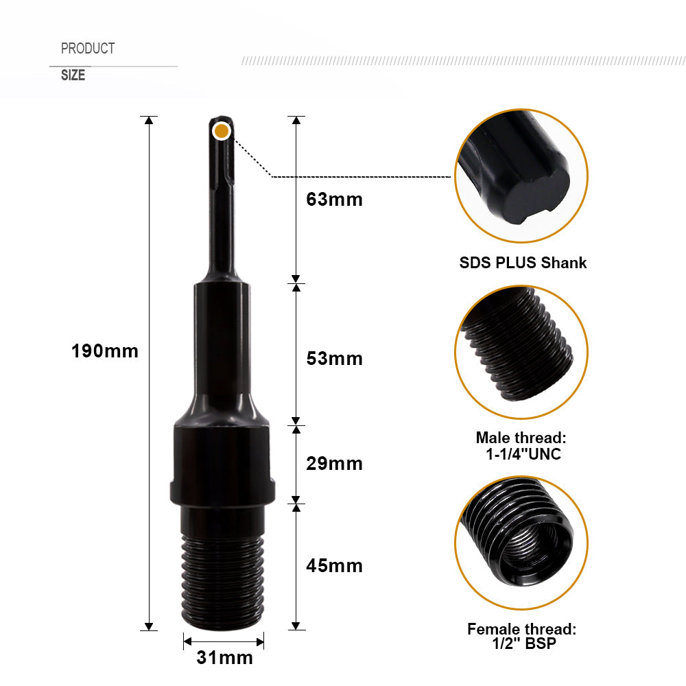 1 1/4"-7 UNC Male Thread（Include 1/2 BSP Female Thread）to SDS PLUS Shank - SHDIATOOL