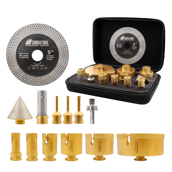 SHDIATOOL 13pcs 6-110MM Core Drill Bit Kit 5inch X mesh Cutting Saw Blade for Ceramic Tile Porcelain Tile Marble