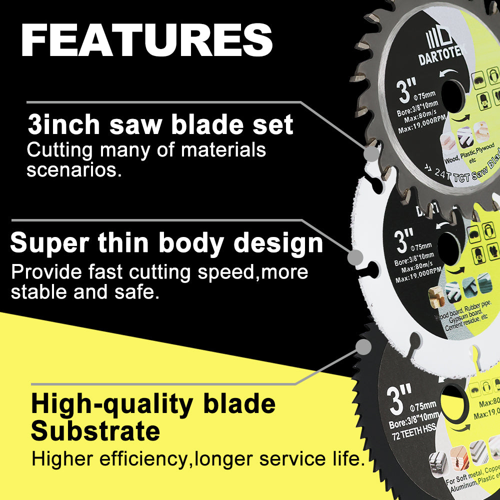 DARTOTEK 7pcs 3''75MM TCT Discs HSS Discs Carbided Cutting Dics for Wood Diamond Saw Tree Plastic Triming Metal Iron