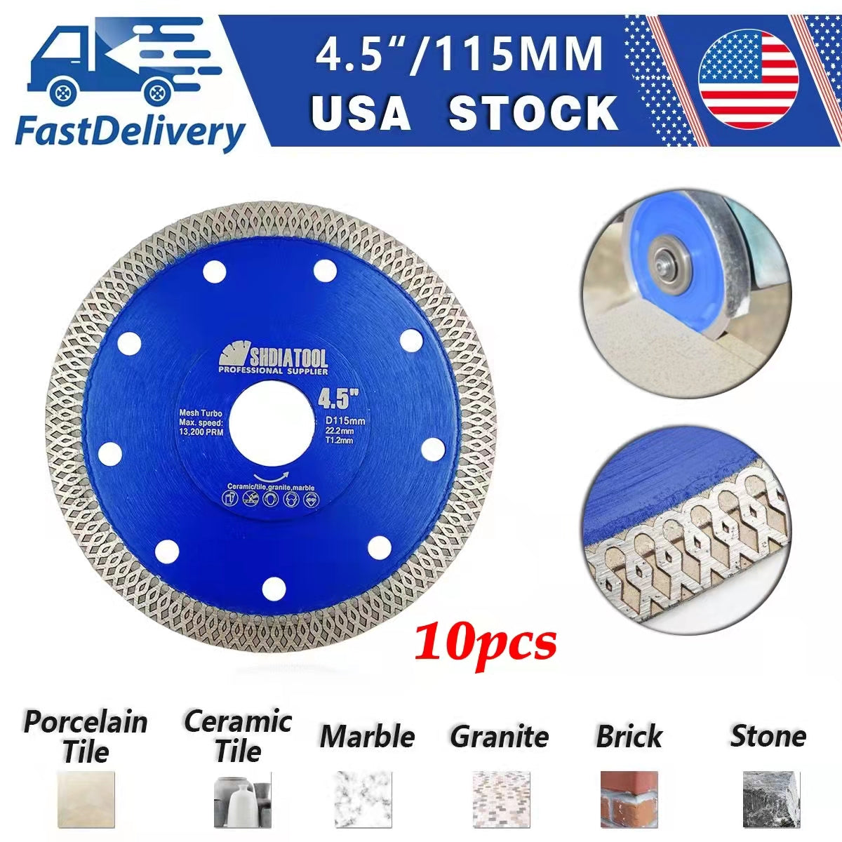 SHDIATOOL Diamond Saw Blade Cutting Porcelain Tile Ceramic Granite Marble 4.5" 10pcs - SHDIATOOL