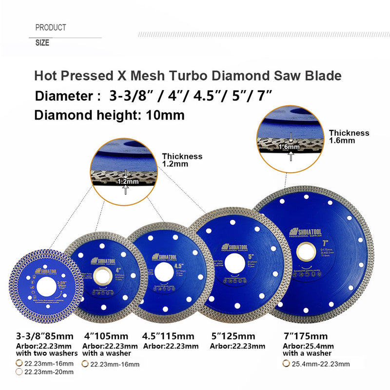 SHDIATOOL Diamond Saw Blade Cutting Porcelain Tile Ceramic Granite Marble 4 "4.5" 5" 10" - SHDIATOOL