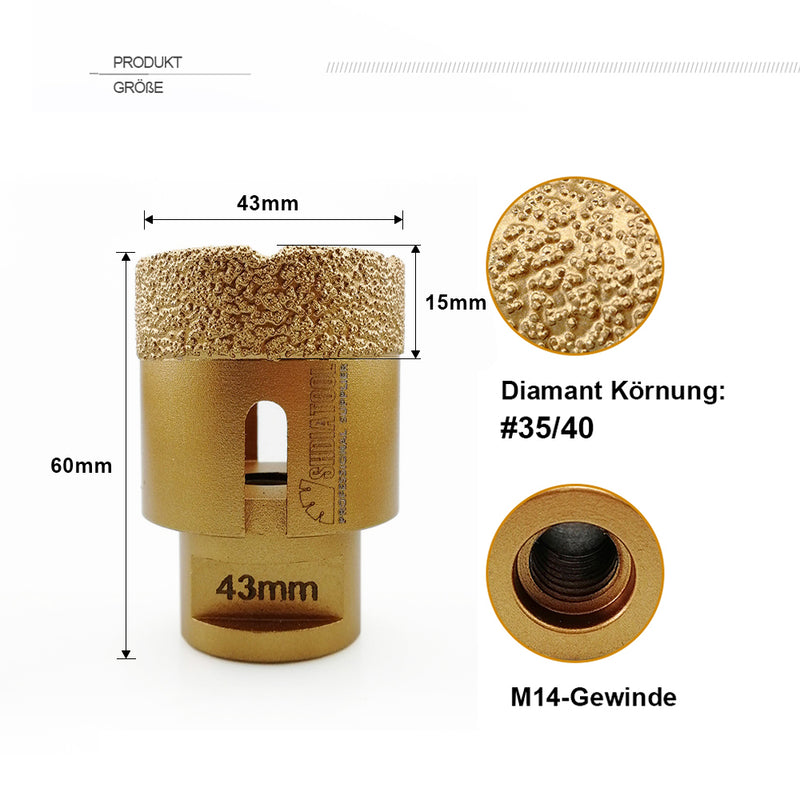 SHDIATOOL 43mm Diamond Drilling Core Bits for Ceramic Marble M14 Thread