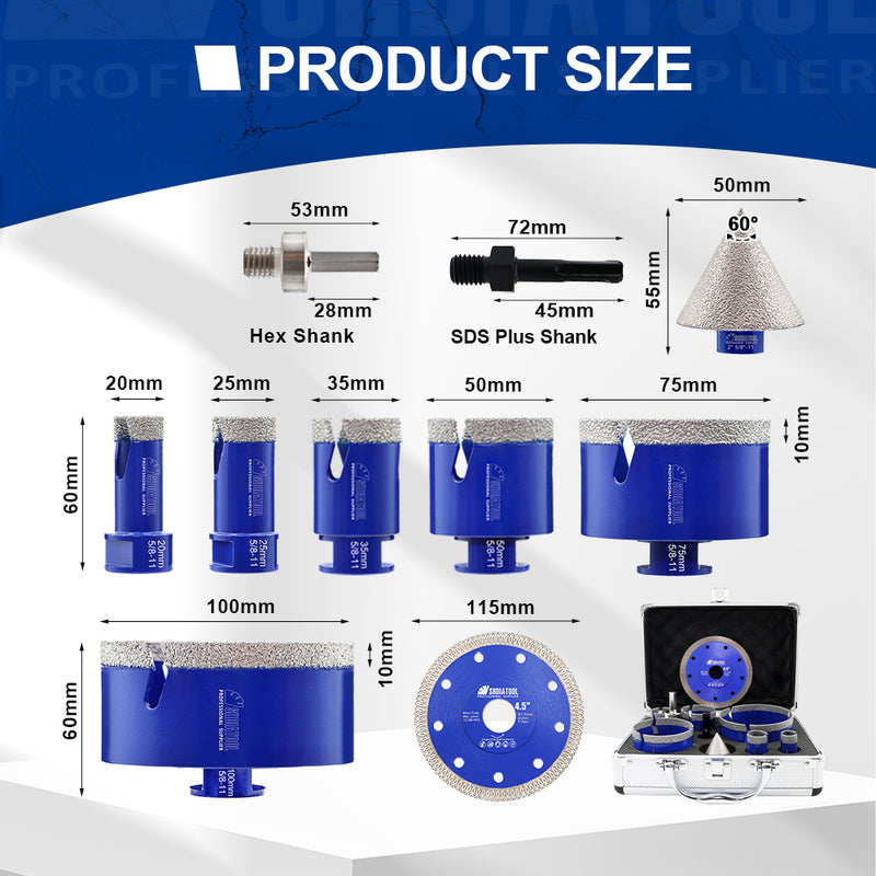 SHDIATOOL 10pcs 20/25/35/50/75/100MM Lightning Teeth Diamond Drill Core Bit Kit 2'' Chamfer Bits SDS/HEX Adapter 115MM X Mesh Cutting Disc for Porcelain Granite Marble