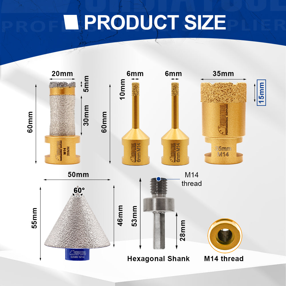 SHDIATOOL  6pcs 6/35MM Drill Bits 20MM Milling Drilling Finger Hex Adapter Bit Beveling Chamfer Bit M14 Drill Bits Kit for Tile Marble Granite Porcelain Sandstone