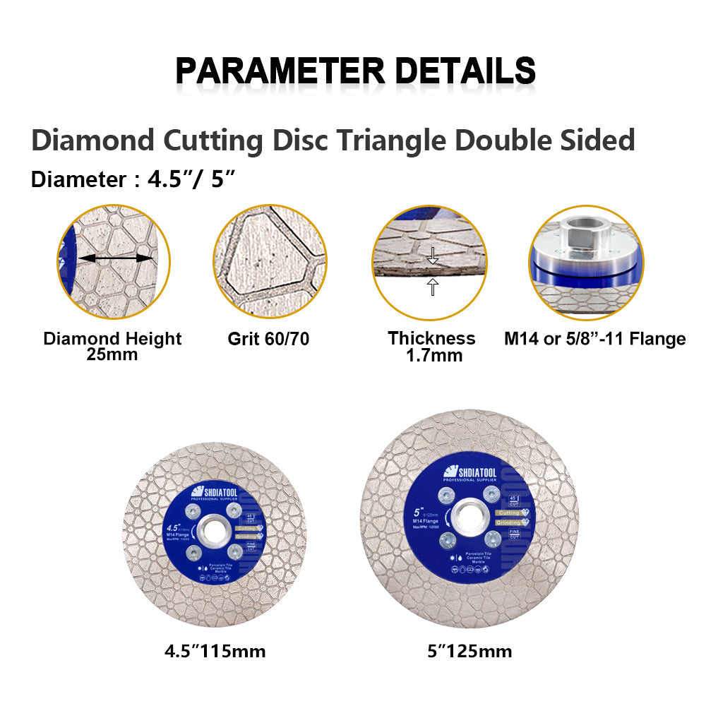 Diamond Cutting Grinding Disc Triangle 5pcs 4.5"/5" Tile Marble Stone M14 or 5/8-11 Flange
