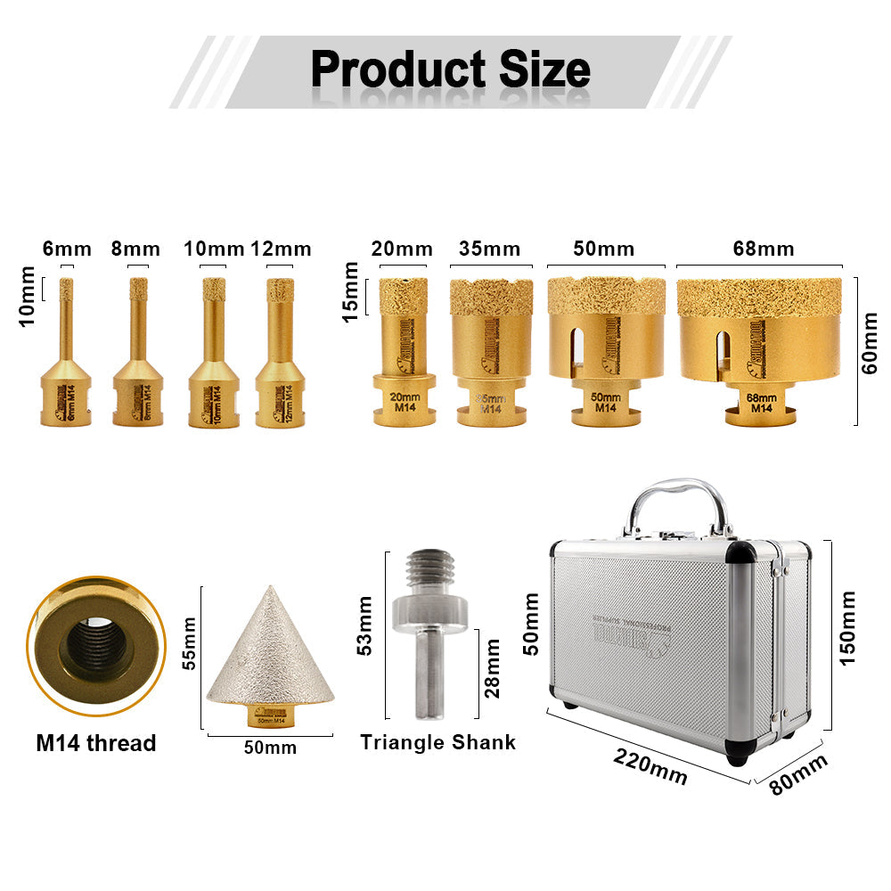 Diamond Drill Core Bit 10pcs/set Granite Marble Ceramic Tile Hole Saw M14 Thraed