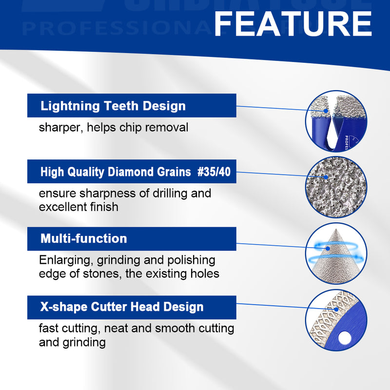 SHDIATOOL 10pcs 20/25/35/50/75/100MM Lightning Teeth Diamond Drill Core Bit Kit 2'' Chamfer Bits SDS/HEX Adapter 115MM X Mesh Cutting Disc for Porcelain Granite Marble