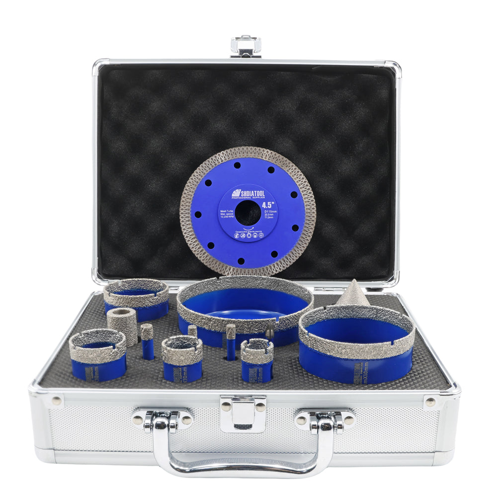 SHDIATOOL 12pcs Drilling Bit Kit Triangle Shank Carbide Bit 115mm X Mesh Cutting Disc Milling Bit Chamfer Hex for Granite Marble Porcelain