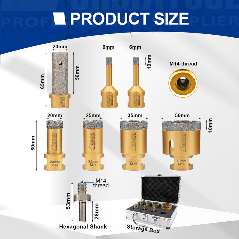 SHDIATOOL Diamond Drill Core Bits for Granite Marble Ceramic Porcelain 6pcs/Box M14 Thread