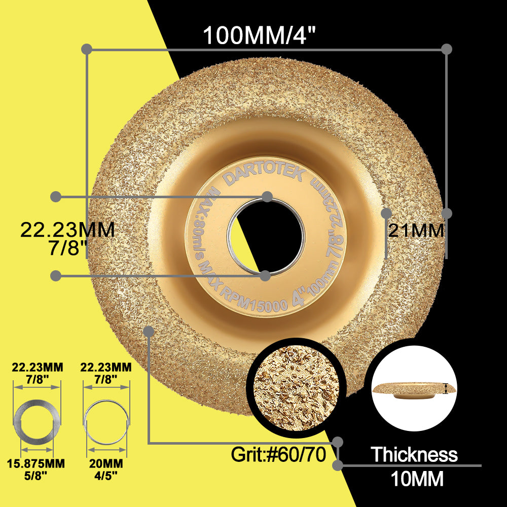 DARTOTEK 2pcs 4inch 100mm Tungsten Carbide particles Carving Disc Grinder Wheel Disc for Wood Shaping Tree Triming