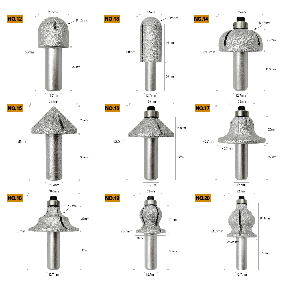 Diamond Router Bits with 1/2" Shank for Granite Marble 31 sizes 2pcs - SHDIATOOL