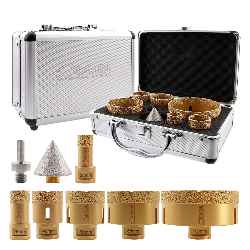 SHDIATOOL Diamond Core Drill Bits 1set/8pcs  M14 Thread 25/35/40/50/68/100mm Core Bits+50mm Chamfer+Triangle Adapter Marble Ceramic Tile Hole Saw - SHDIATOOL