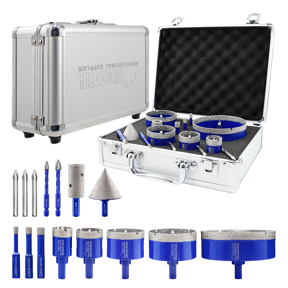 SHDIATOOL 15pcs 6-100MM Diamond Core Drill Bit Hole Saw Kit with Removable Pilot Bits for Porcelain Ceramic Tile 50mm Beveling Chamfer Bit 20mm Finger Bits 6/8mm Carbide Drill Bits