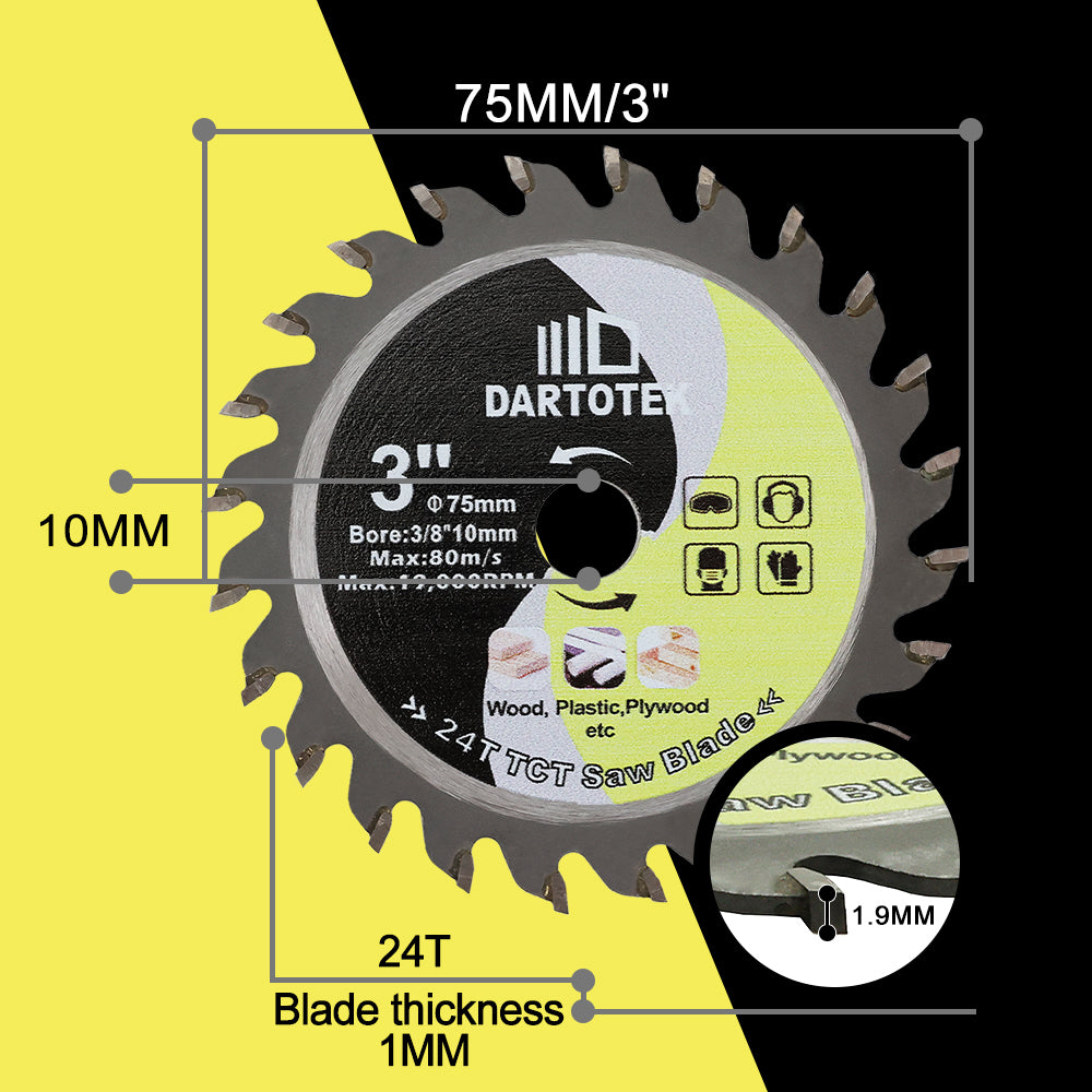 DARTOTEK 2/3/5pcs 3''75MM TCT Wood Diamond Saw Blade Wood Triming Cutting Discs