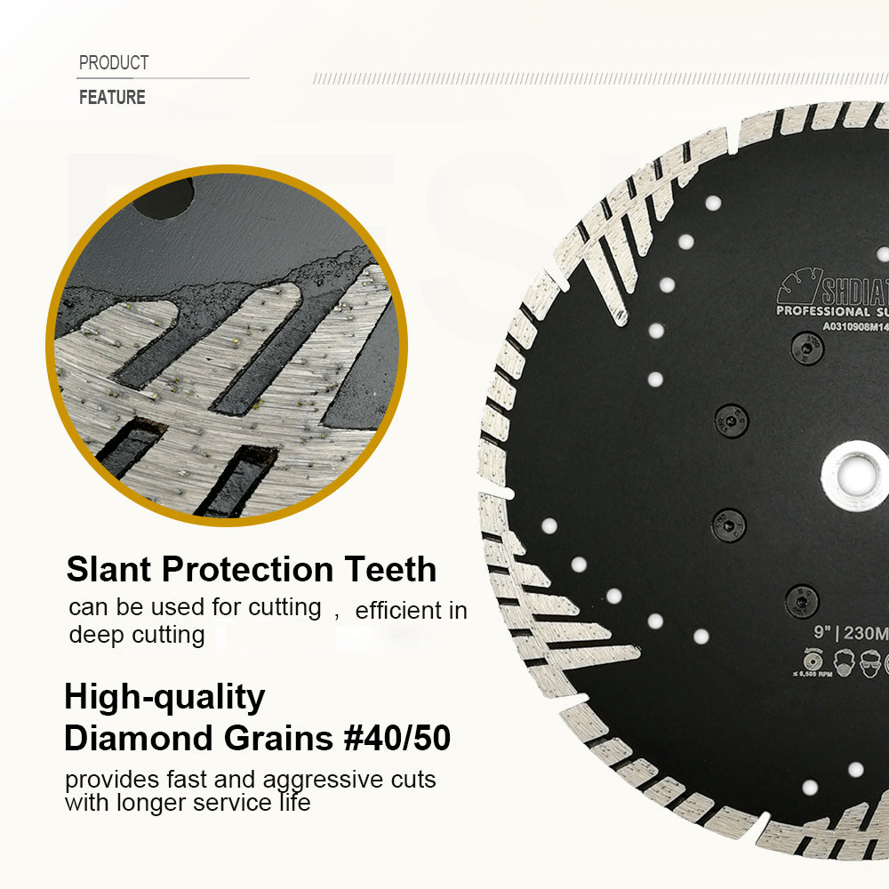Turbo Blade with Slant Protection Teeth Cutting Granite Marble Concrete 9" 5/8-11 Flange