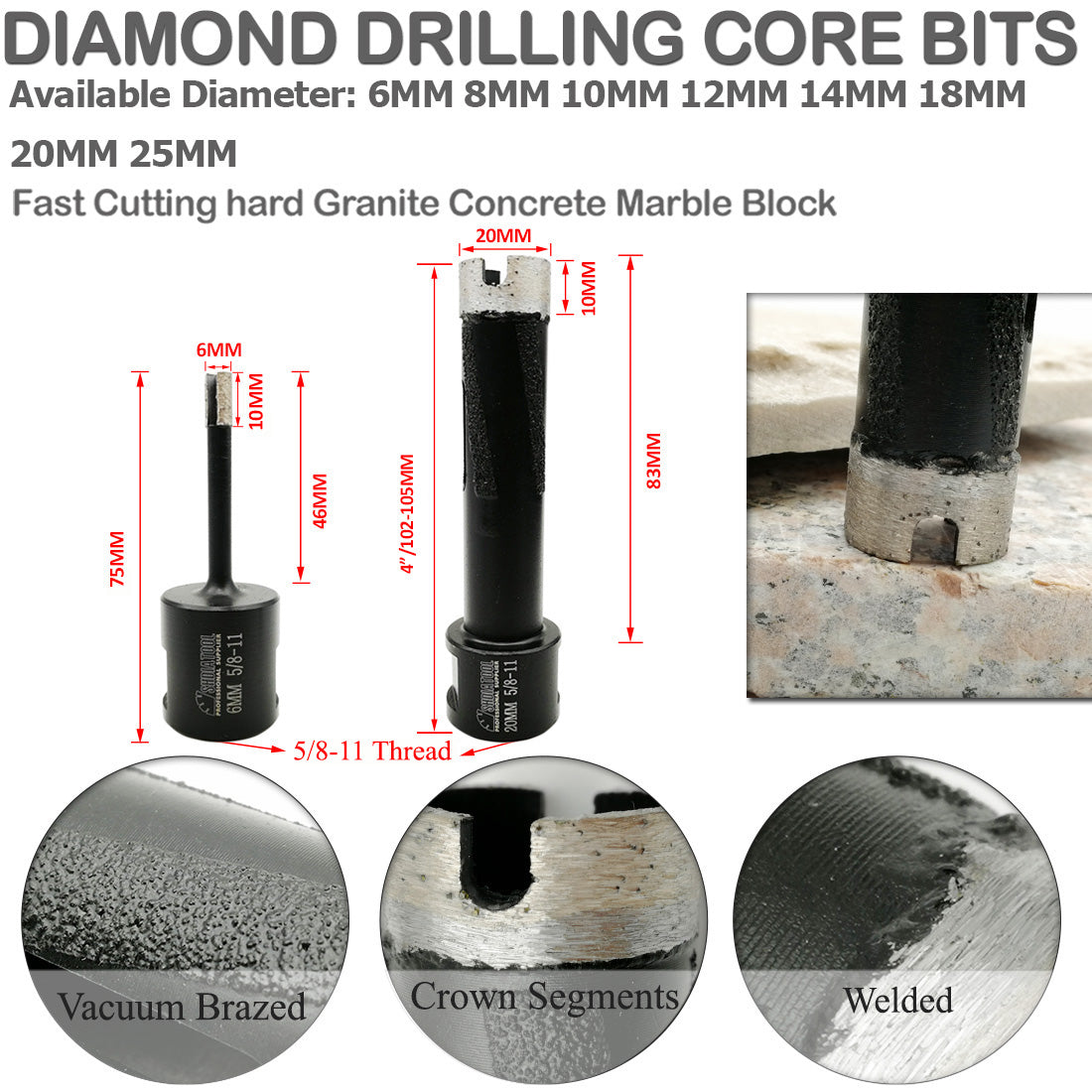 Diamond Core Bit Laser Welded 18-102mm for Hard Stone Concrete Marble USA Warehouse - SHDIATOOL