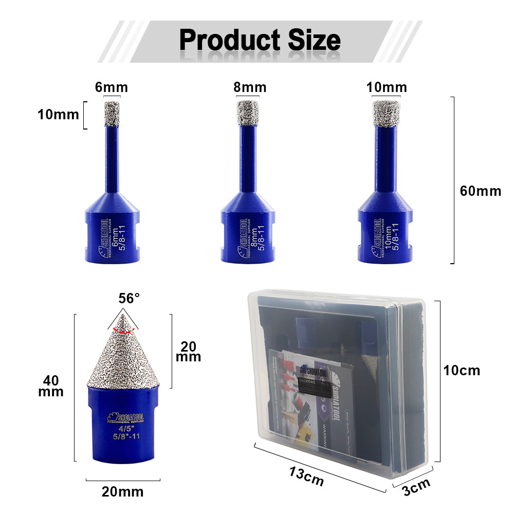 SHDIATOOL Diamond Drill Bit 4pcs/set for Porcelain Granite Marble 5/8-11 Hole Saw