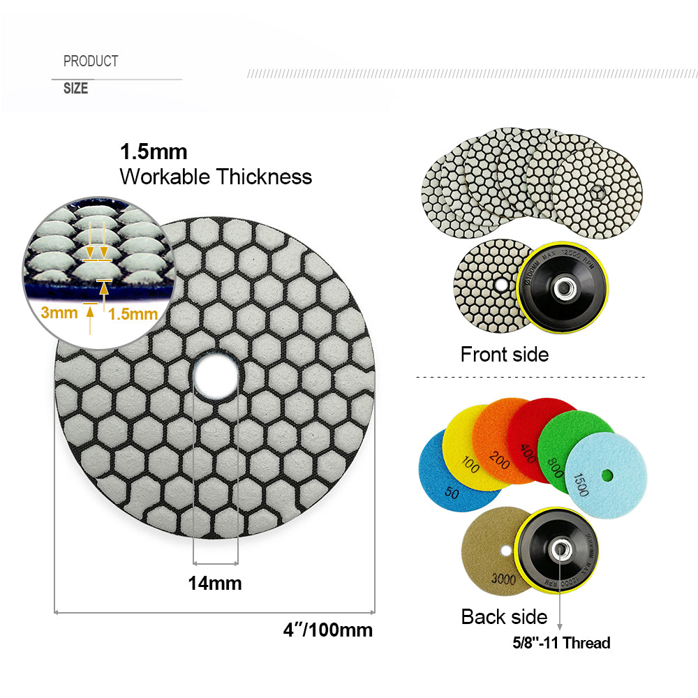 4inch Dry Diamond Polishing Pad for Granite 8pcs/set Mixed Grits Plus a Base Backer - SHDIATOOL