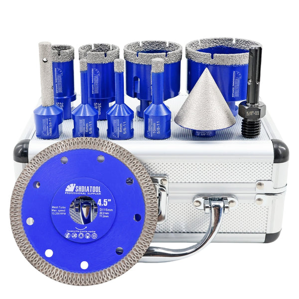 Shdiatool 11pcs 6-65MM Diamond 5/8-11 Drill Bit Kit 4.5 inch X Mesh Cutting Saw Blade for Ceramic Tile Porcelain Tile Marble