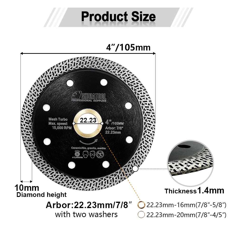 Mesh Turbo Saw Blade 2pcs 4"/105mm Cutting for Granite Ceramic SHDIATOOL