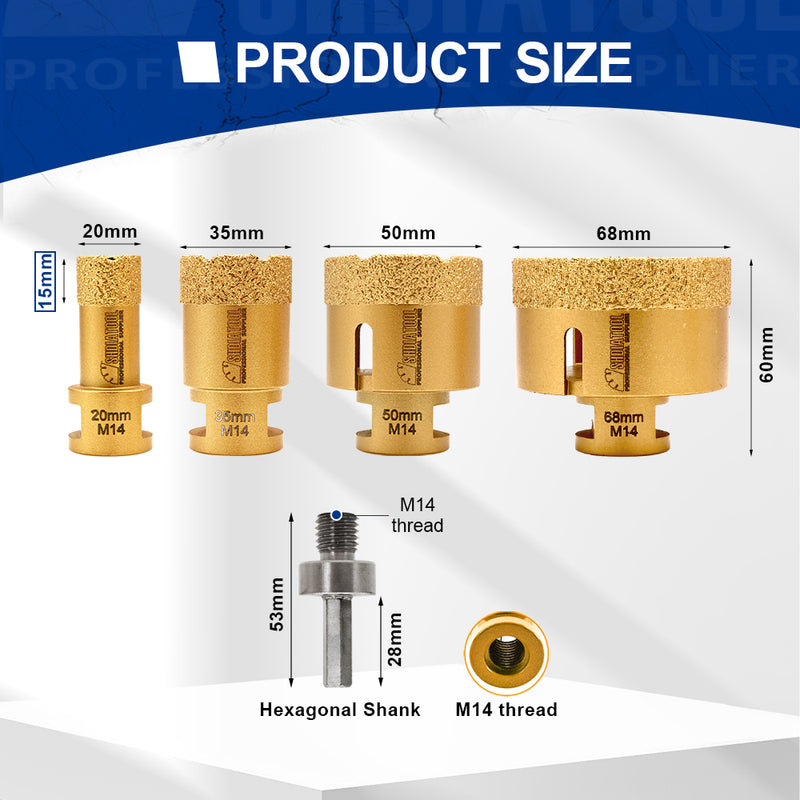 SHDIATOOL 5pcs 20/35/50/68MM Drill Bits Hex Adapter M14 Drill Bits Kit for Tile Marble Granite Porcelain Sandstone