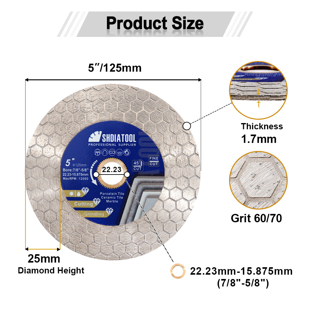 SHDIATOOL Saw Blade 5pcs 4/4.5/5 Inchs Cutting Grinding Ceramic Granite Marble