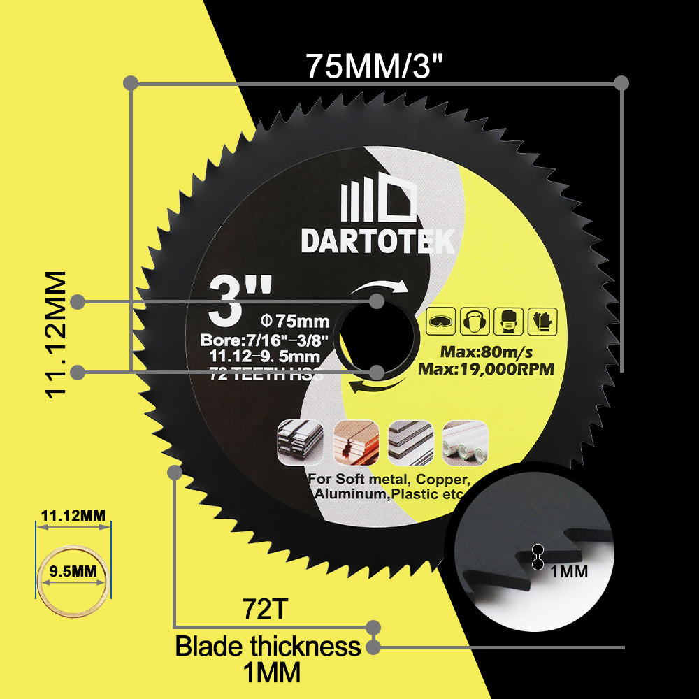 DARTOTEK  3''/75mm  2/3/5pcs HSS Cutting Discs Saw Blades for Soft Metal Copper Wood