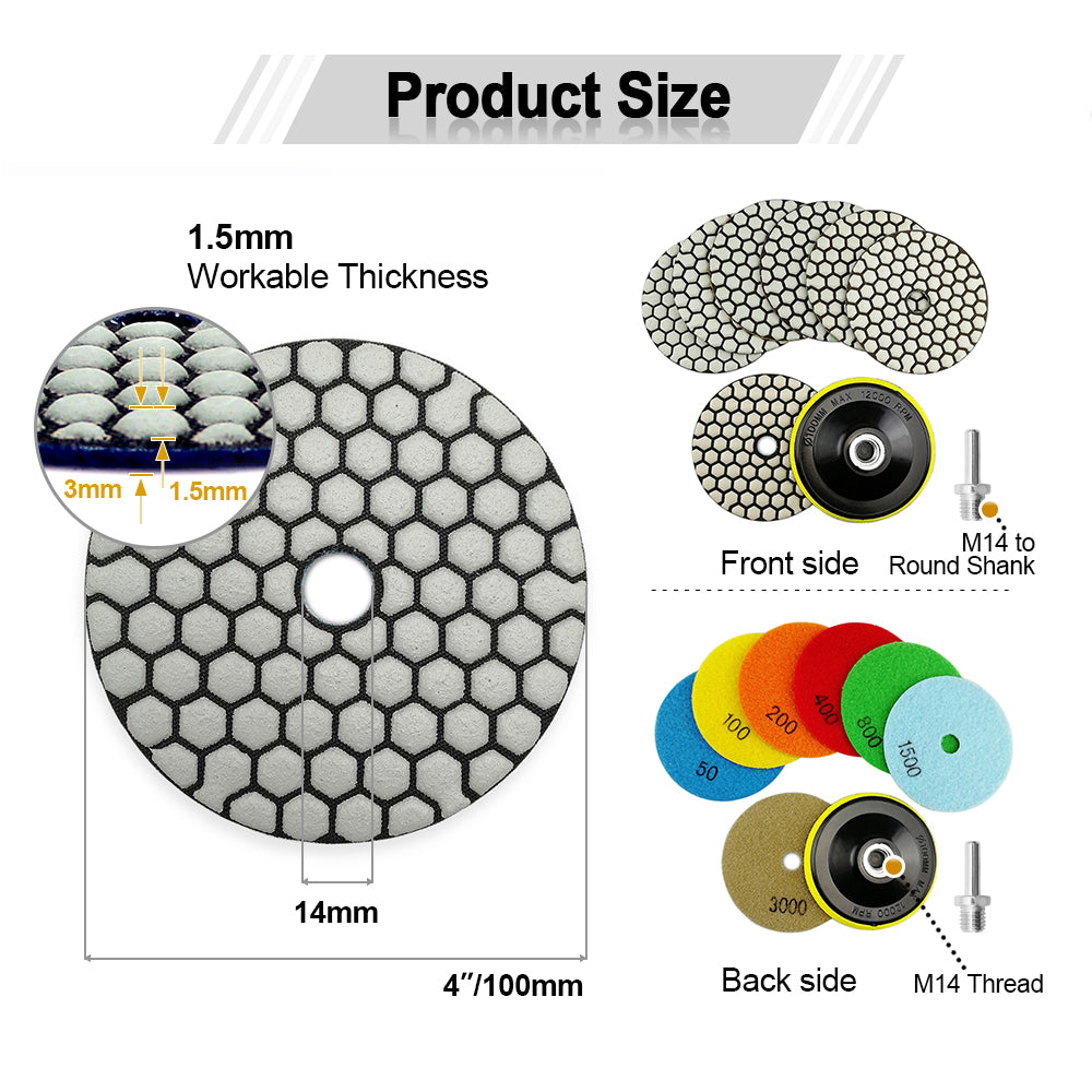 4inch Dry Diamond Polishing Pad for Granite 9pcs/set Mixed Grits