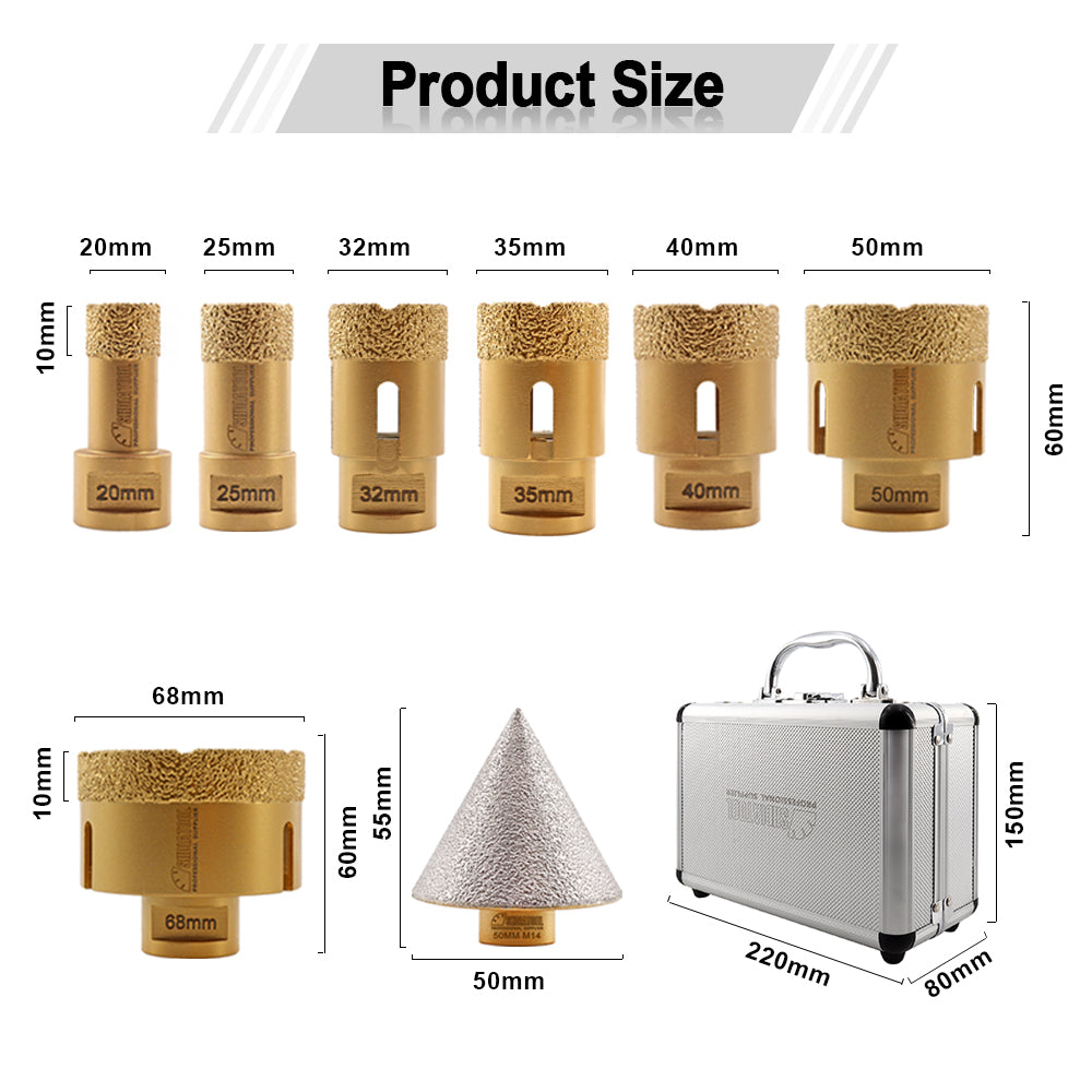 SHDIATOOL Diamond Core Drill Bits 1set/8pcs  M14 Thread 20/25/32/35/40/50/68mm Core Bits+50mm Chamfer Marble Ceramic Tile Hole Saw - SHDIATOOL