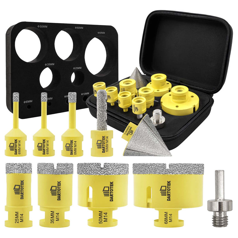 DARTOTEK M14 10Pcs 6-68mm Diamond Drill Core Bit Set Hole Saw 50mm Chamfer 10mm Finger Bits Hex Adapter M14 Marble Tile Tool Kit