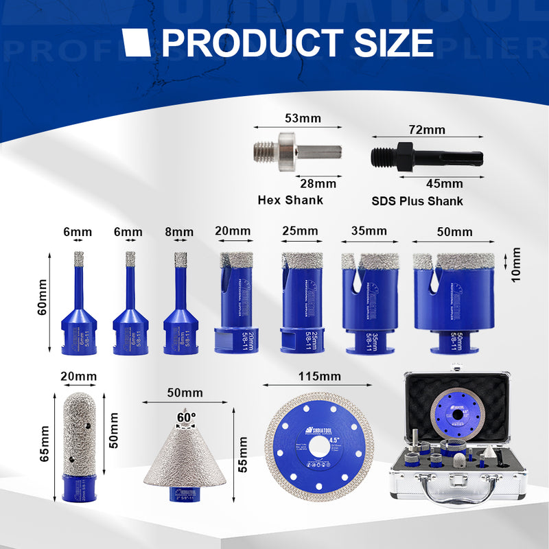 SHDIATOOL 12pcs 6/6/8/20/25/35/50MM Lightning Teeth Diamond Drill Core Bit Kit 20MM Milling Bit 2'' Chamfer Bits SDS/HEX Adapter 115MM X Mesh Cutting Disc for Porcelain Granite Marble