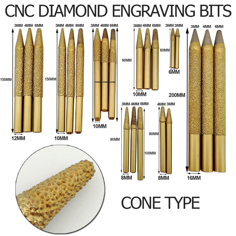 2pcs CNC Diamond Cone Type with Ball End Engraving Bits for Granite Marble Ceramic - SHDIATOOL