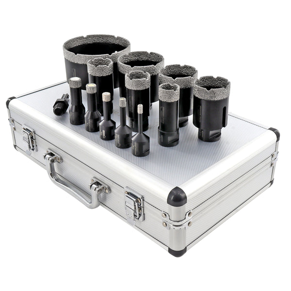 SHDIATOOL Diamond Core Drill Bits Set with 5/8-11 Thread for Tile Procelain Ceramic Granite Marble 13pcs/Box Dia 6/8/10/13/16/25/32/35/45/51/65/102mm+SDS Adapter - SHDIATOOL