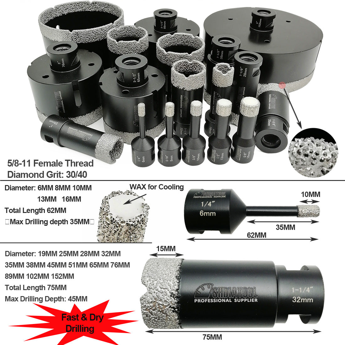 17pcs/set  Porcelain Tile Diamond Core Drill Bits 5/8-Inch-11 Thread from 1/6 Inch to 4 Inch - SHDIATOOL