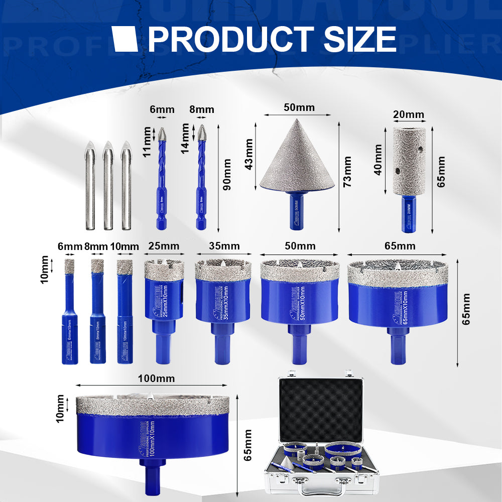 SHDIATOOL 15pcs 6-100MM Diamond Core Drill Bit Hole Saw Kit with Removable Pilot Bits for Porcelain Ceramic Tile 50mm Beveling Chamfer Bit 20mm Finger Bits 6/8mm Carbide Drill Bits