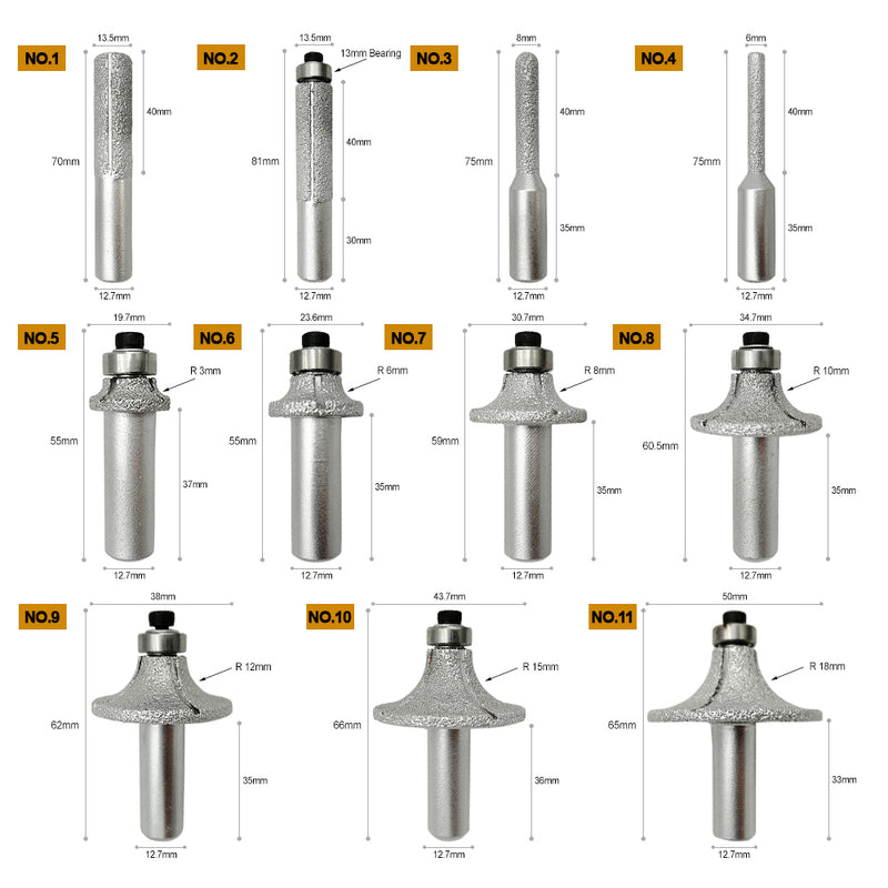 Diamond Router Bits with 1/2" shank for Granite & Marble 31 sizes available 2pcs - SHDIATOOL