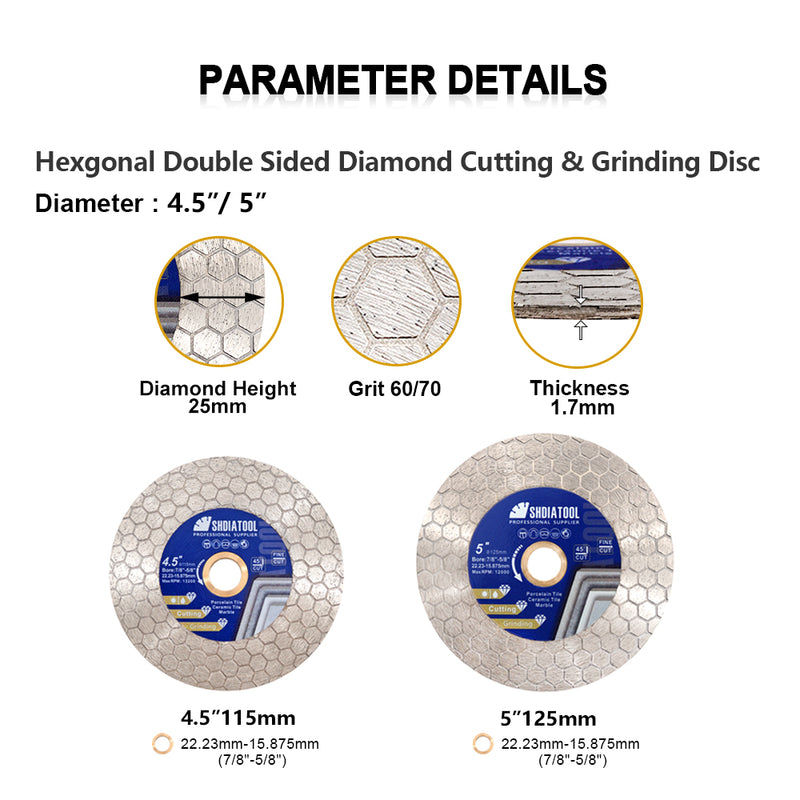 SHDIATOOL Hexgonal Double Sided Diamond Cutting Disc Grinding Wheel for Tile Procelain Ceramic Granite Marble Stone Dia 4.5''/5'' - SHDIATOOL