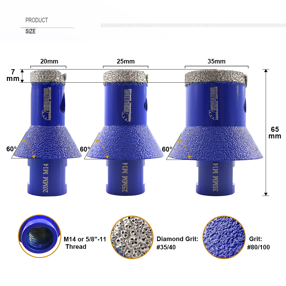 SHDIATOOL Diamond Drilling Chamfer Milling Bits with 5/8-11 or M14 Thread for Enlarging Grinding Trimming Tile Ceramic Marble Size 25/25/35mm - SHDIATOOL