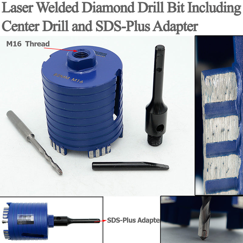 Diamond Core Drill Bit Including Center Drill and SDS-Plus or Hex Adapter for Brick Concrete Block wall Masonry Diameter 68/82mm 5/8-11 or M16 thread - DIATOOL