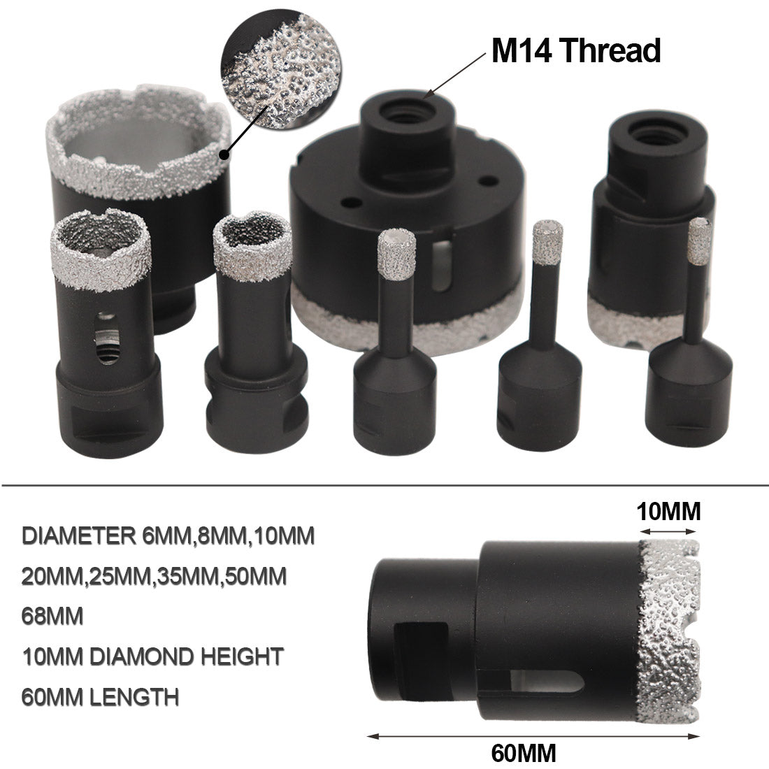 New Arrival Diamond Drill Core Bits Kit for Porcelain Tile M14 thread Hole Saw 6/8/10/20/25/35/50mm - SHDIATOOL