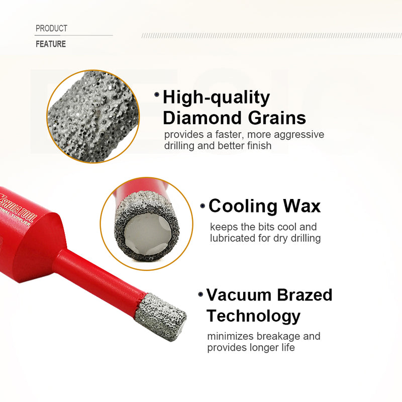 SHDIATOOL 3pcs/set Red Dry Diamond Drill Bits for Porcelain Tile Wall Tile Stoneware Granite M14 thread - SHDIATOOL