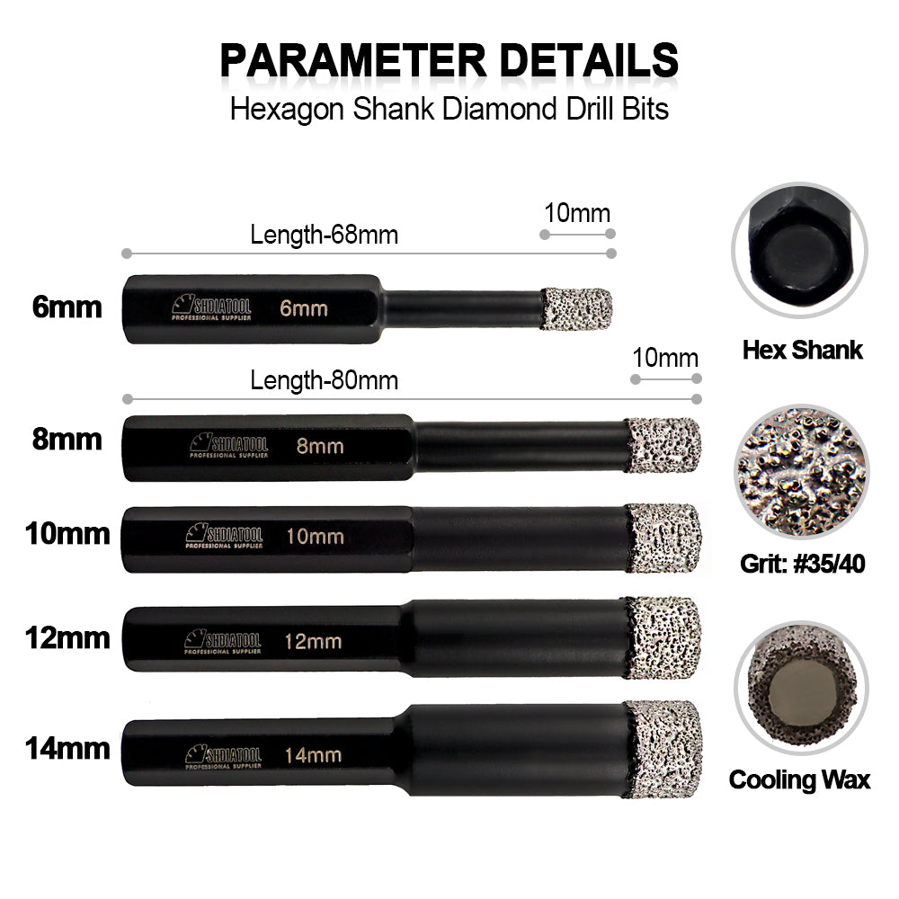 SHDIATOOL Dry Diamond Drill Bits Sets with Hex Shank for Granite Marble Porcelain Tile Ceramic 6/8/10/12/14 mm - SHDIATOOL