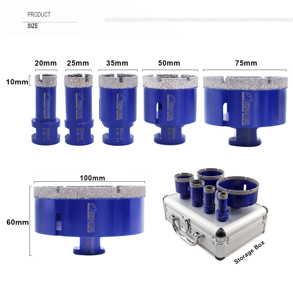 SHDIATOOL Diamond Drill Core Bits Set with 5/8-11 Thread for Porcelain Tile Granite Marble Ceramic 6pcs/Box Dia 20/25/35/50/75/100mm - SHDIATOOL