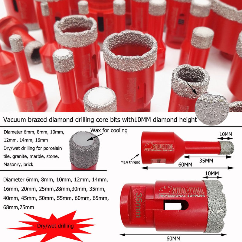 SHDIATOOL Vacuum Brazed Diamond Core Drill Bits with M14 Thread for Porcelain Tile Marble Stone Masonry Hole Saw BE Warehouse - SHDIATOOL