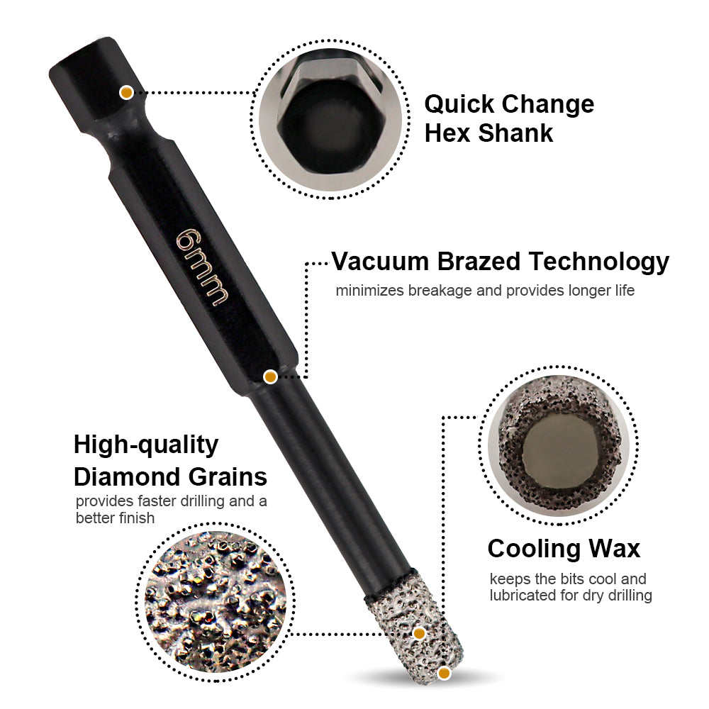 Dry Diamond Drill Bits 2pcs 6/8/10/12/14mm with Quick Change Hex Shank for Granite Porcelain Tile Ceramic Marble - SHDIATOOL